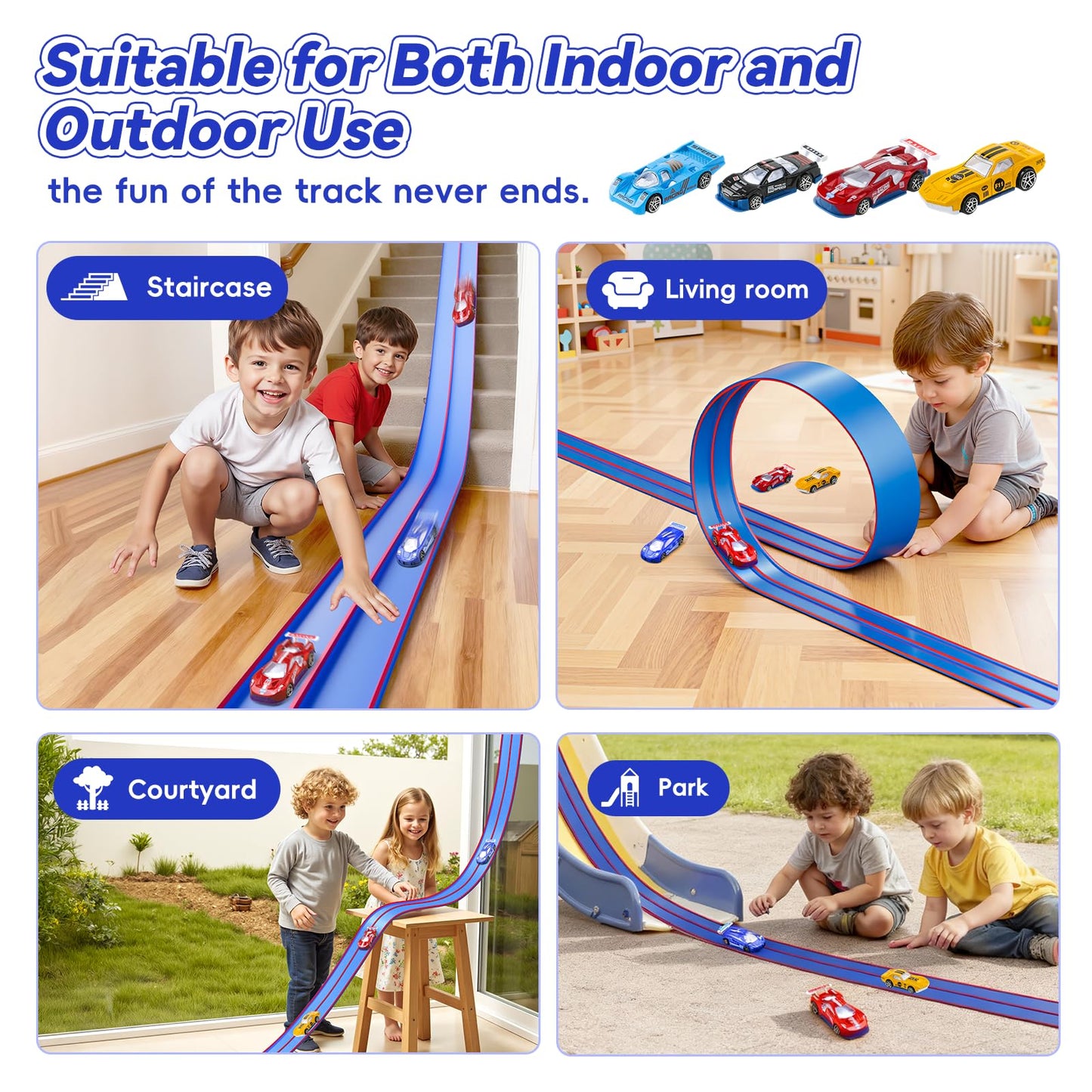 Oppvoci Upgrade Flexible Race Track – 15ft Dual-Lane Ramp with 4 Cars (1/64 Diecast) – Blue