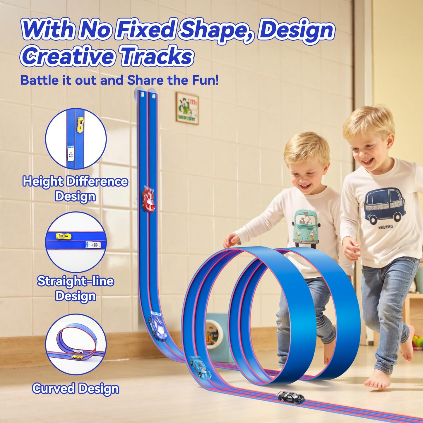Oppvoci Upgrade Flexible Race Track – 15ft Dual-Lane Ramp with 4 Cars (1/64 Diecast) – Blue