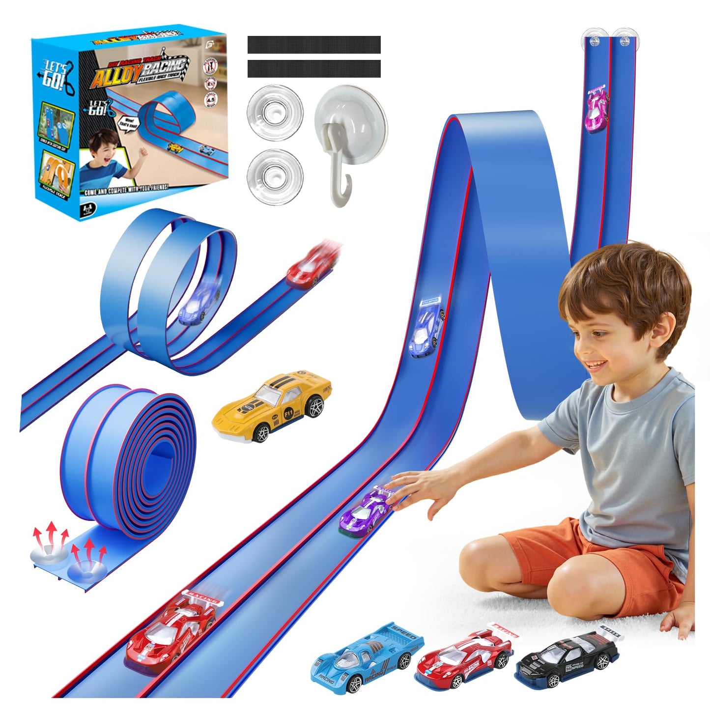 Oppvoci Upgrade Flexible Race Track – 15ft Dual-Lane Ramp with 4 Cars (1/64 Diecast) – Blue