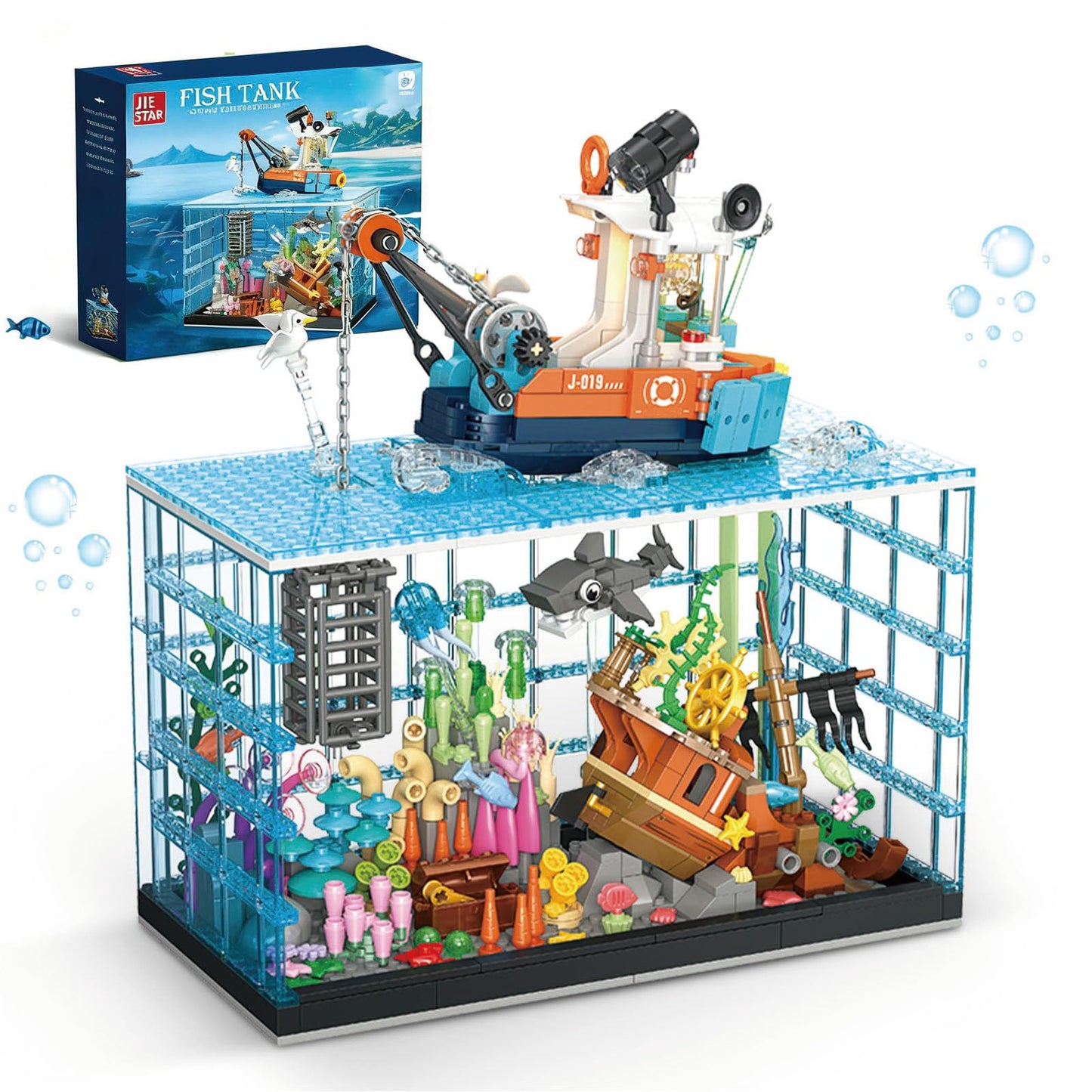 OQMI Fish Tank Building Set for Adults – 830 Pcs Deep Sea Aquarium with Boat (LEGO Compatible) – Gift for Teens 14+