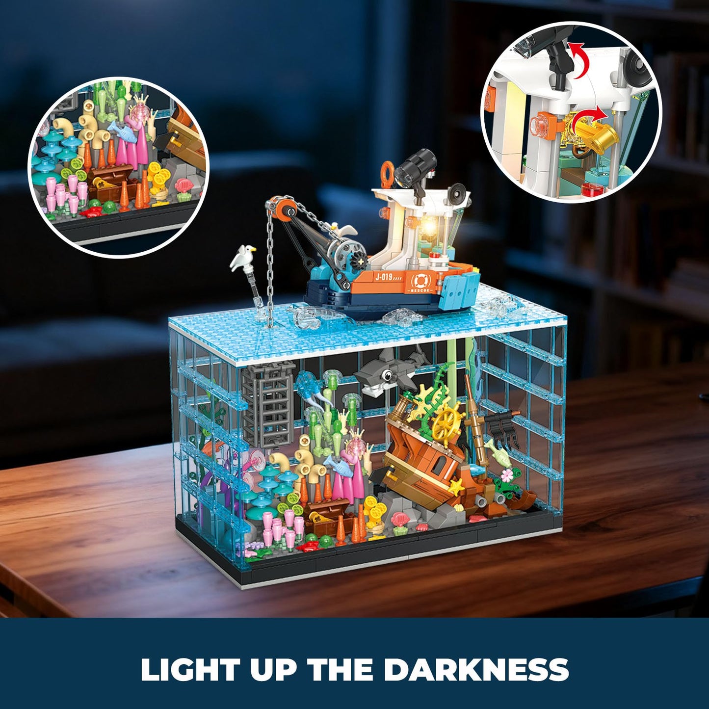 OQMI Fish Tank Building Set for Adults – 830 Pcs Deep Sea Aquarium with Boat (LEGO Compatible) – Gift for Teens 14+