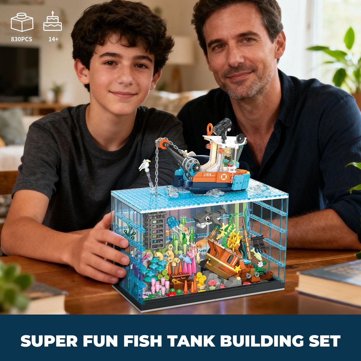 OQMI Fish Tank Building Set for Adults – 830 Pcs Deep Sea Aquarium with Boat (LEGO Compatible) – Gift for Teens 14+
