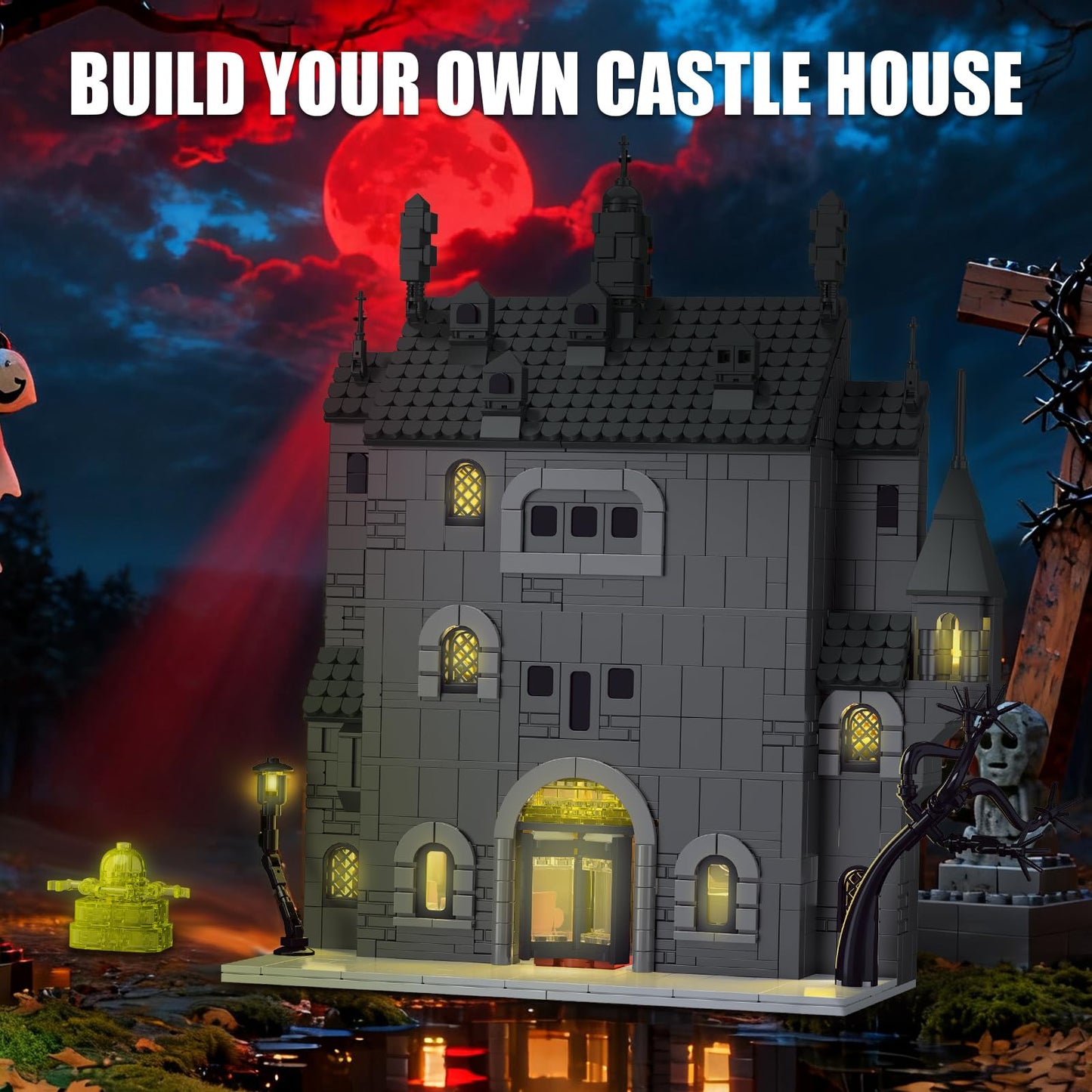 OQMI Haunted House Building Set with Lights — 1686 Pcs, Lego Compatible