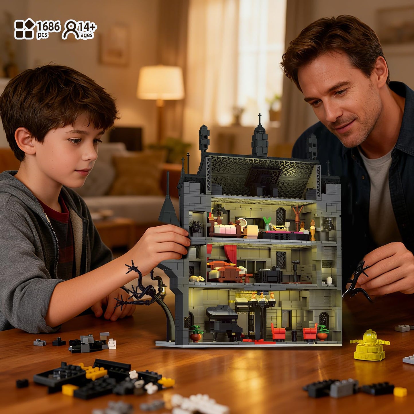 OQMI Haunted House Building Set with Lights — 1686 Pcs, Lego Compatible