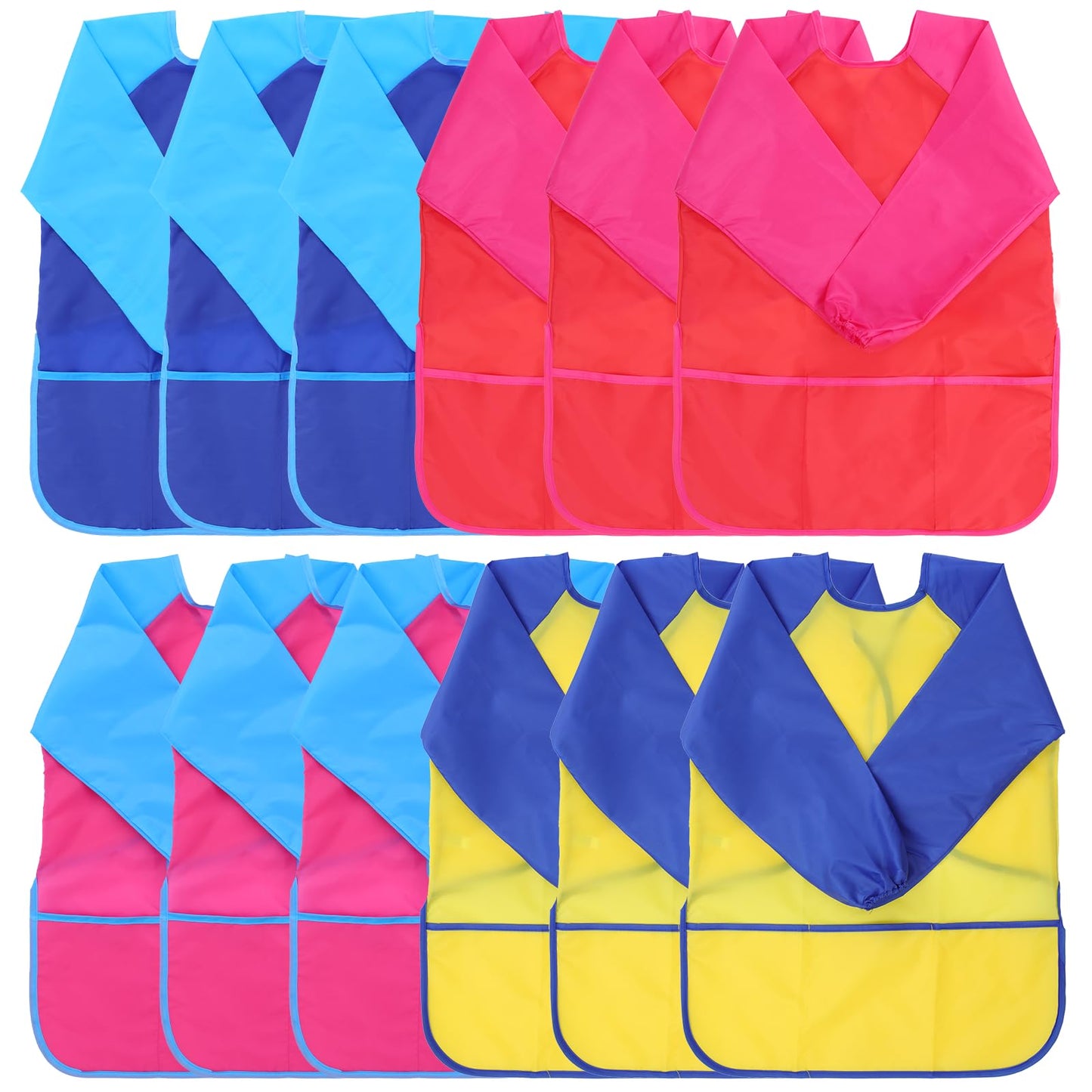 Oqqlin 12-Pcs Kids Art Smocks – Waterproof Long-Sleeve Aprons with 3 Pockets in 4 Colors