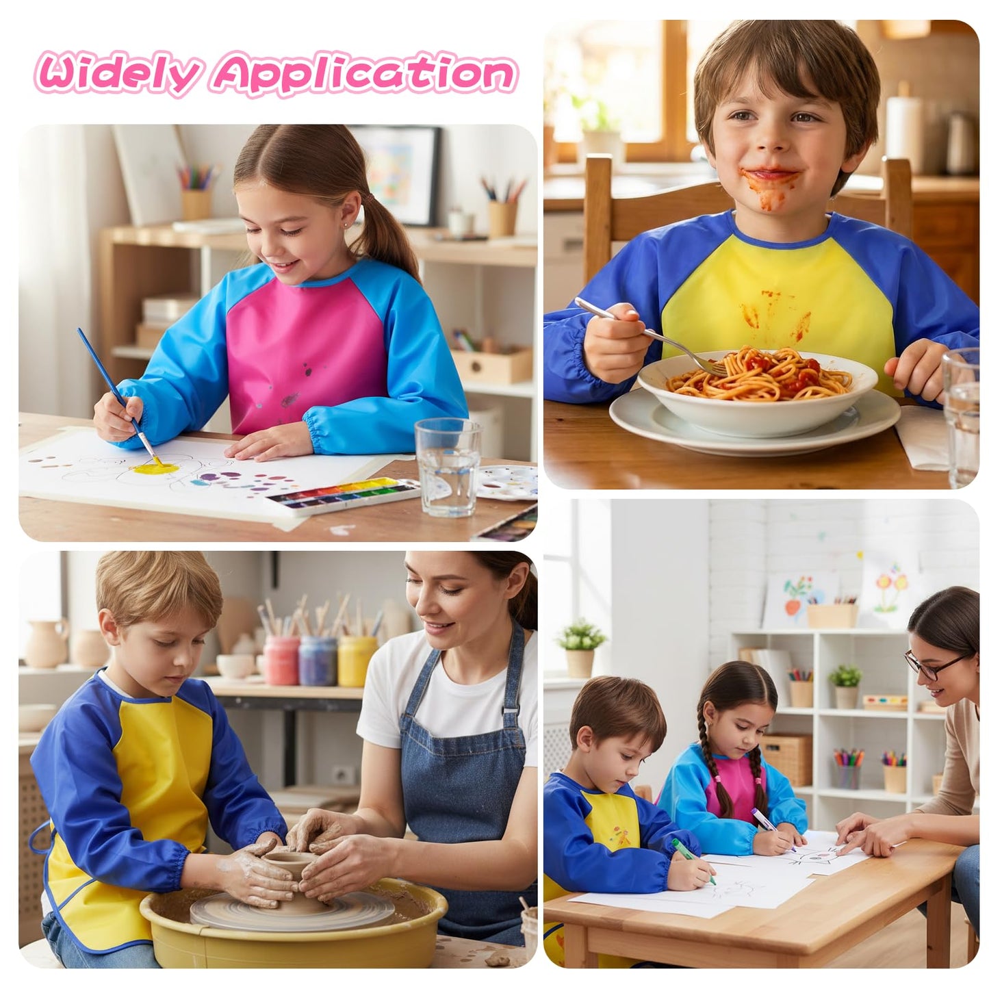 Oqqlin 12-Pcs Kids Art Smocks – Waterproof Long-Sleeve Aprons with 3 Pockets in 4 Colors