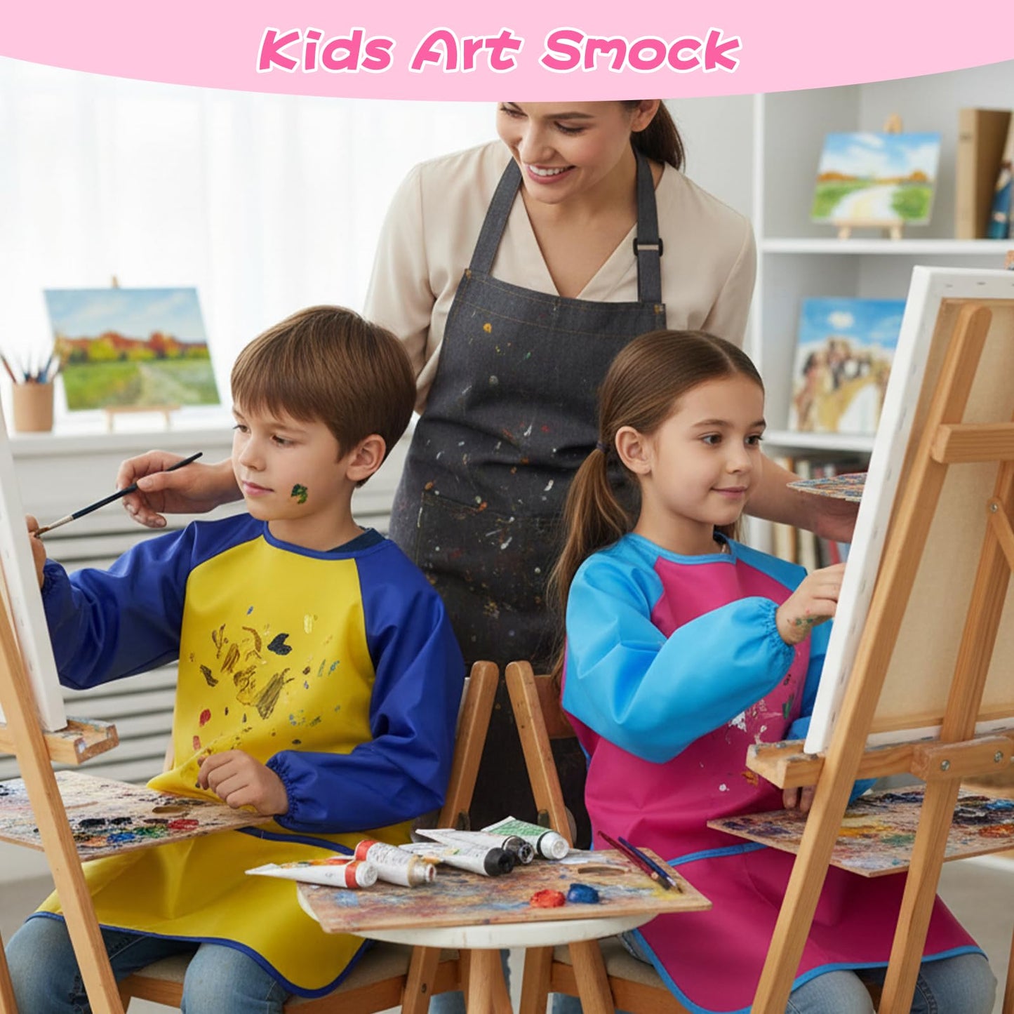 Oqqlin 12-Pcs Kids Art Smocks – Waterproof Long-Sleeve Aprons with 3 Pockets in 4 Colors