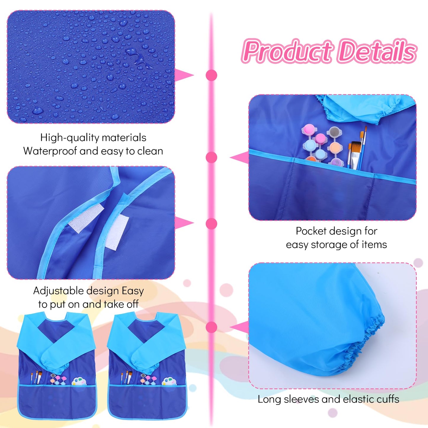 Oqqlin 12-Pcs Kids Art Smocks – Waterproof Long-Sleeve Aprons with 3 Pockets in 4 Colors
