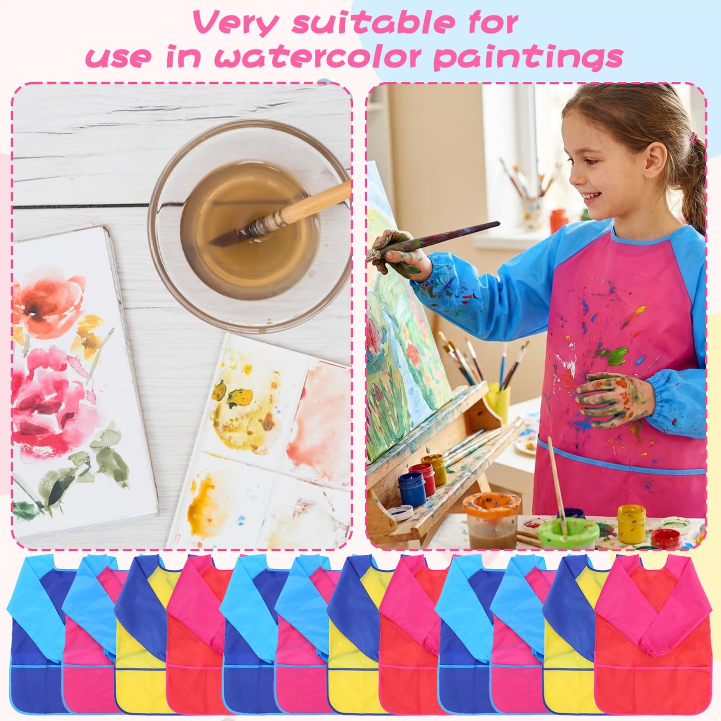 Oqqlin 12-Pcs Kids Art Smocks – Waterproof Long-Sleeve Aprons with 3 Pockets in 4 Colors