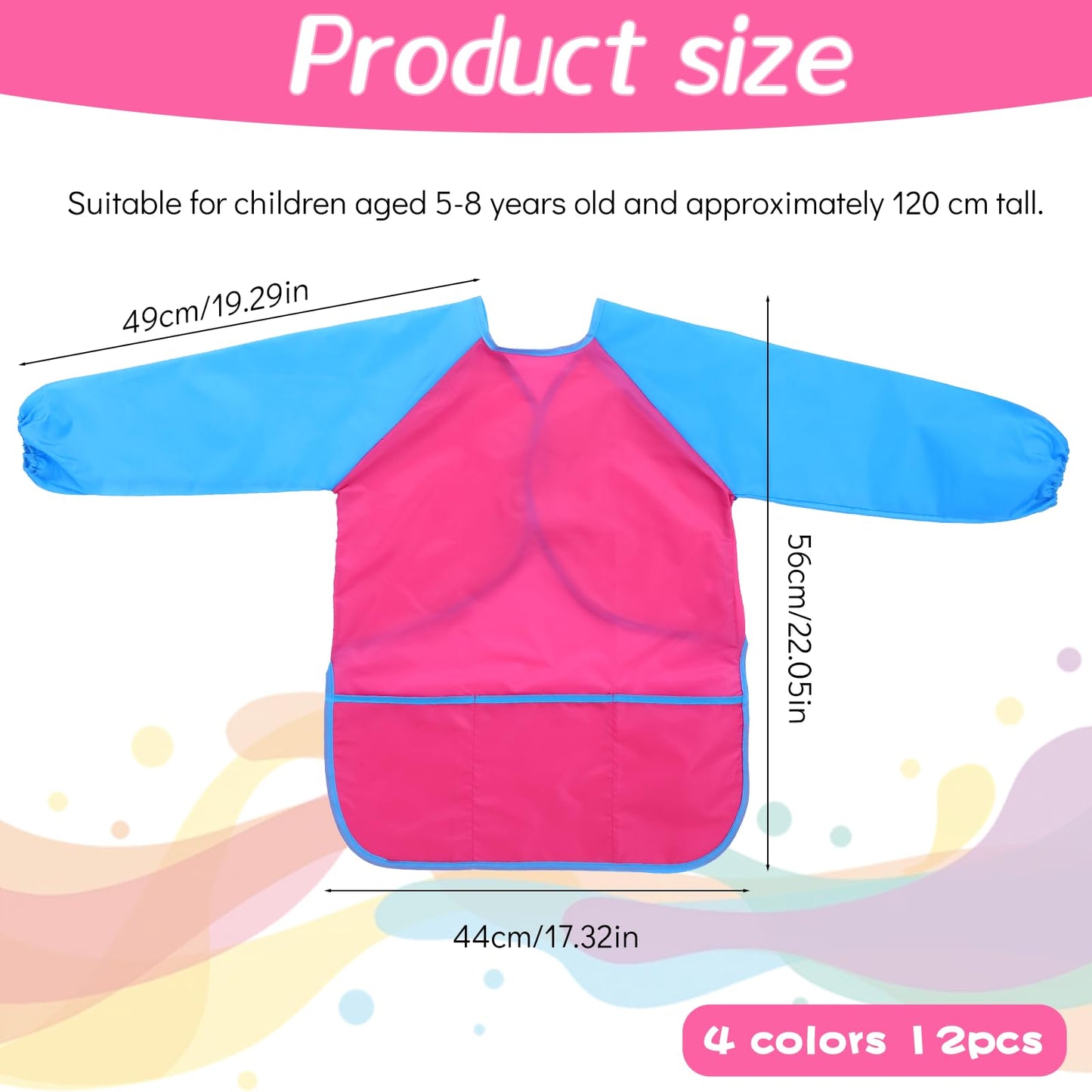 Oqqlin 12-Pcs Kids Art Smocks – Waterproof Long-Sleeve Aprons with 3 Pockets in 4 Colors