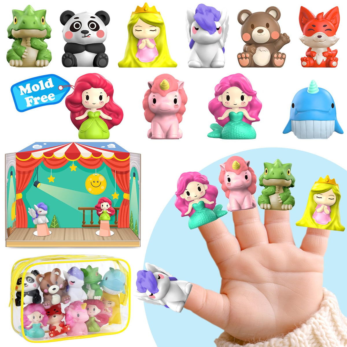 Oriate Fairy Tale Finger Puppets – 10-Pack Toddler Story Time Puppets + Storage Bag (12m+)