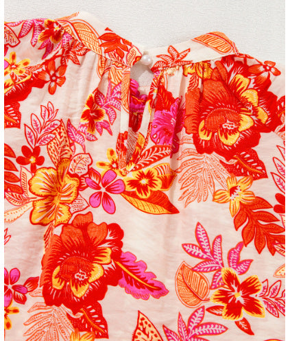Orange Floral Prined Puff Sleeve Blouse