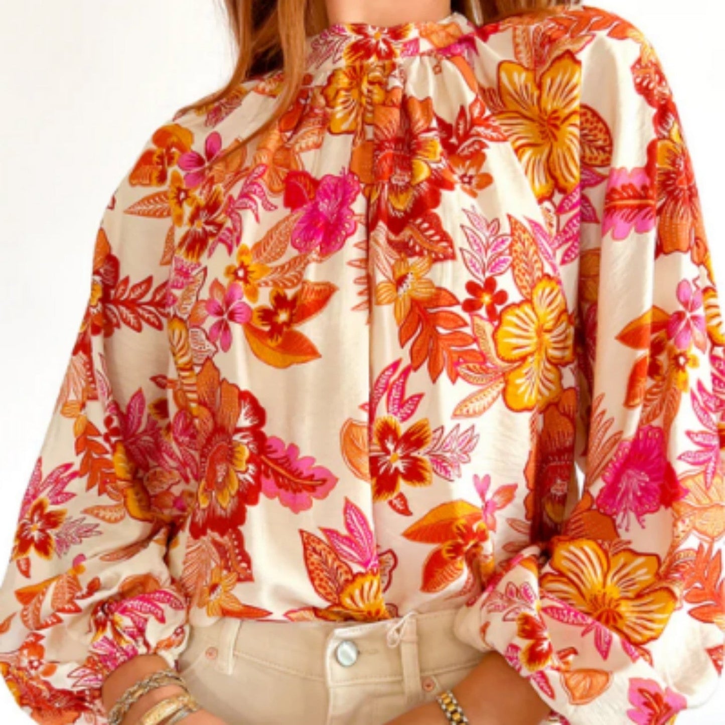 Orange Floral Prined Puff Sleeve Blouse