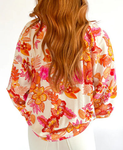 Orange Floral Prined Puff Sleeve Blouse