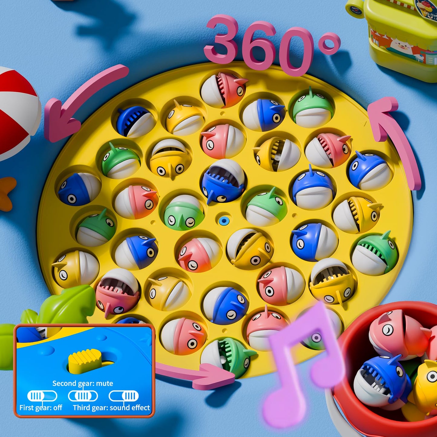 ORANGE OCEAN 66 PCS Magnetic Fishing Game for Kids – 1-8 Players, 360° Rotation