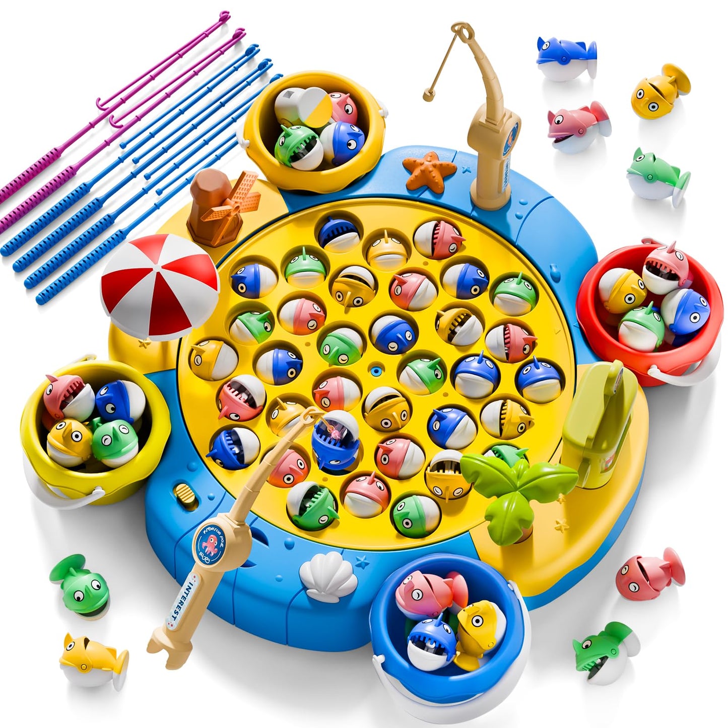 ORANGE OCEAN 66 PCS Magnetic Fishing Game for Kids – 1-8 Players, 360° Rotation