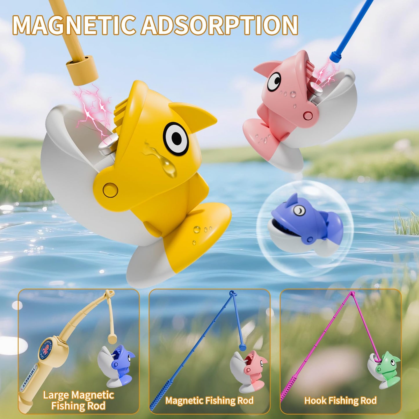 ORANGE OCEAN 66 PCS Magnetic Fishing Game for Kids – 1-8 Players, 360° Rotation