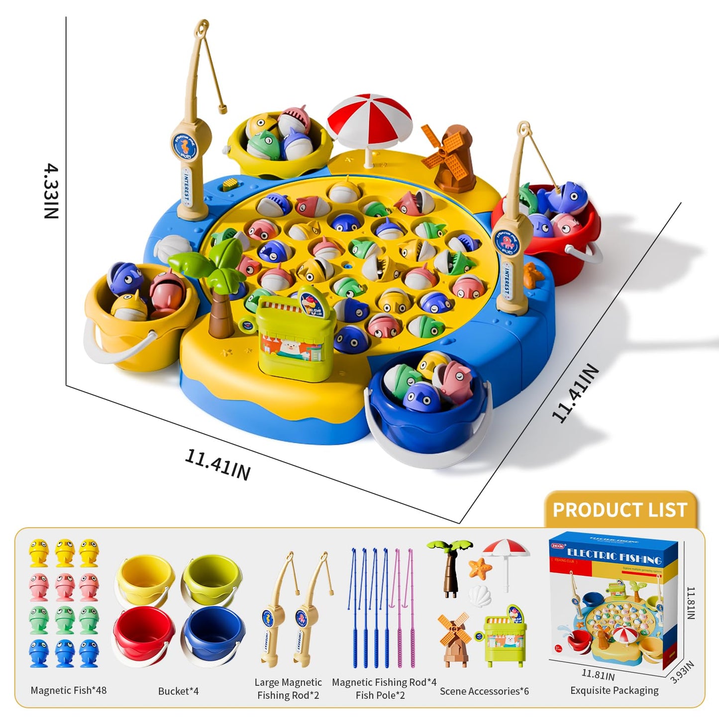 ORANGE OCEAN 66 PCS Magnetic Fishing Game for Kids – 1-8 Players, 360° Rotation