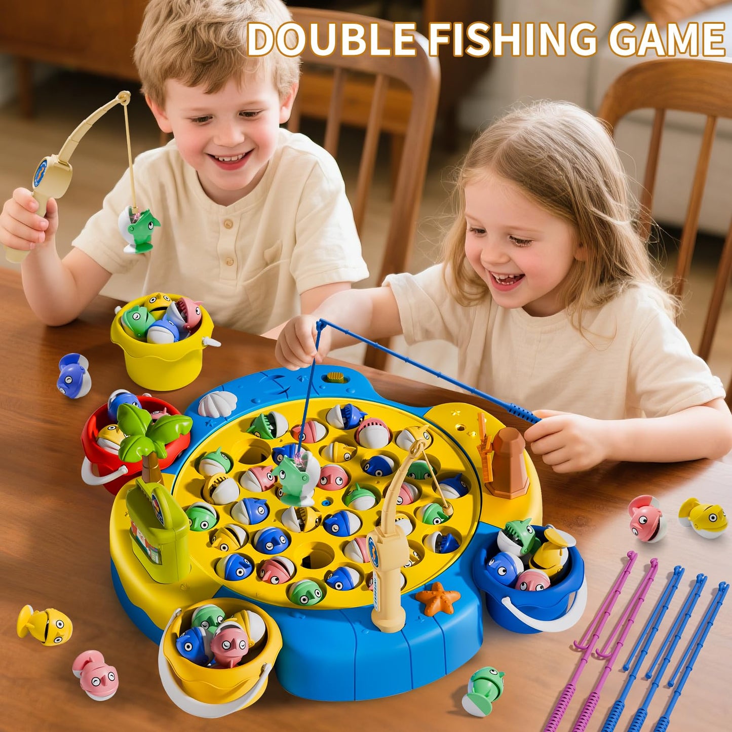 ORANGE OCEAN 66 PCS Magnetic Fishing Game for Kids – 1-8 Players, 360° Rotation