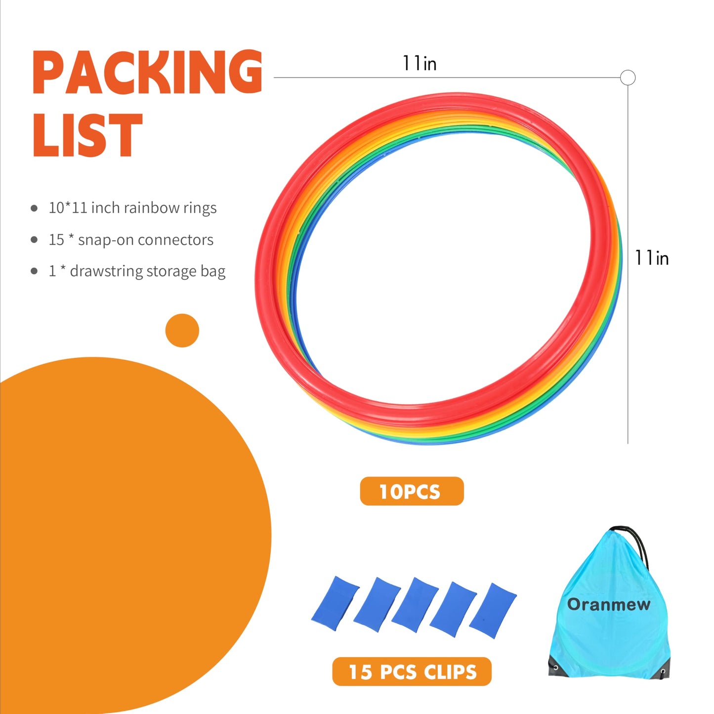 Oranmew Hopscotch Rings – 11-Inch Set with 15 Connectors for Indoor & Outdoor Kids' Agility
