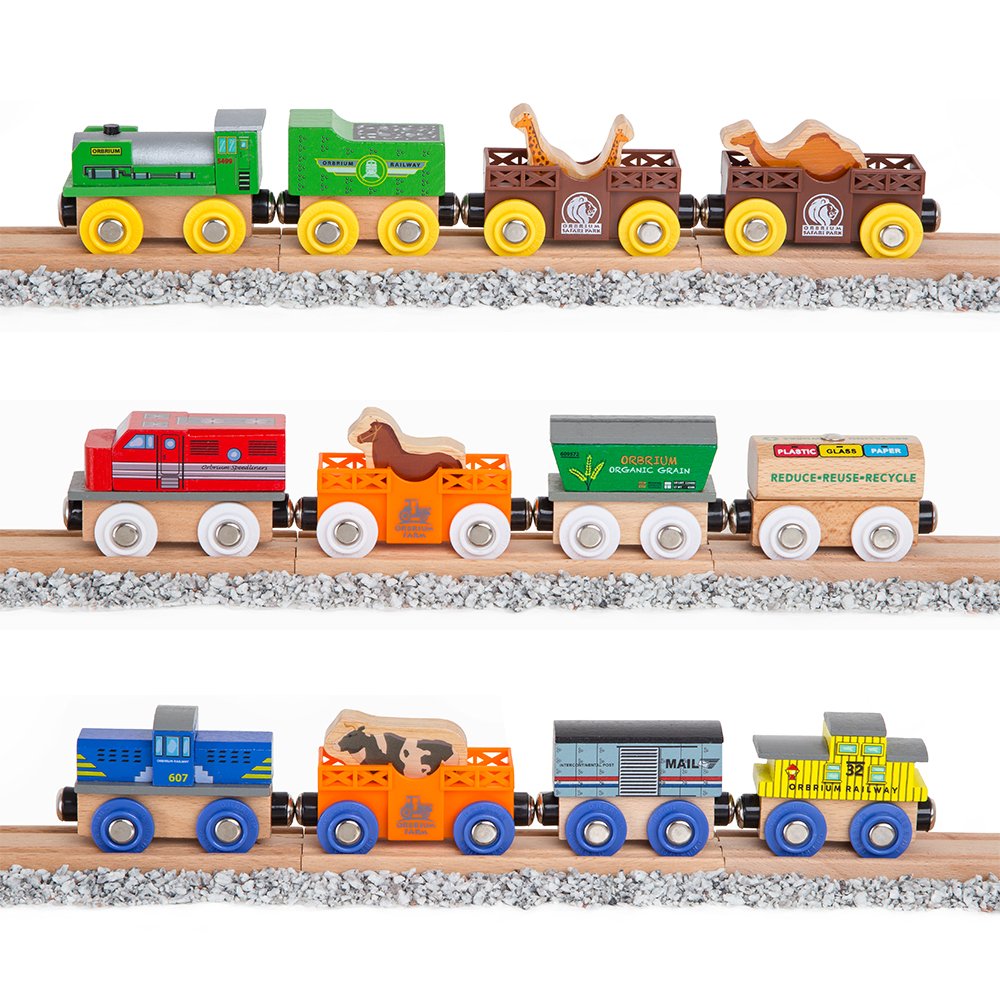 Orbrium Wooden Train Set – 18-Piece Collection, 12 Magnetic Cars & Engines | Compatible with Thomas, Brio, Melissa & Doug