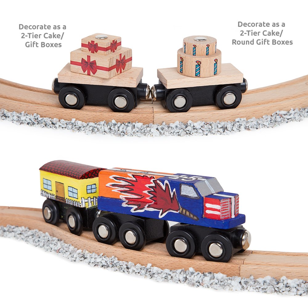 Orbrium 8 Unpainted Wooden Train Cars + 12-Color Paint Set — Magnetic Wooden Railway Toys