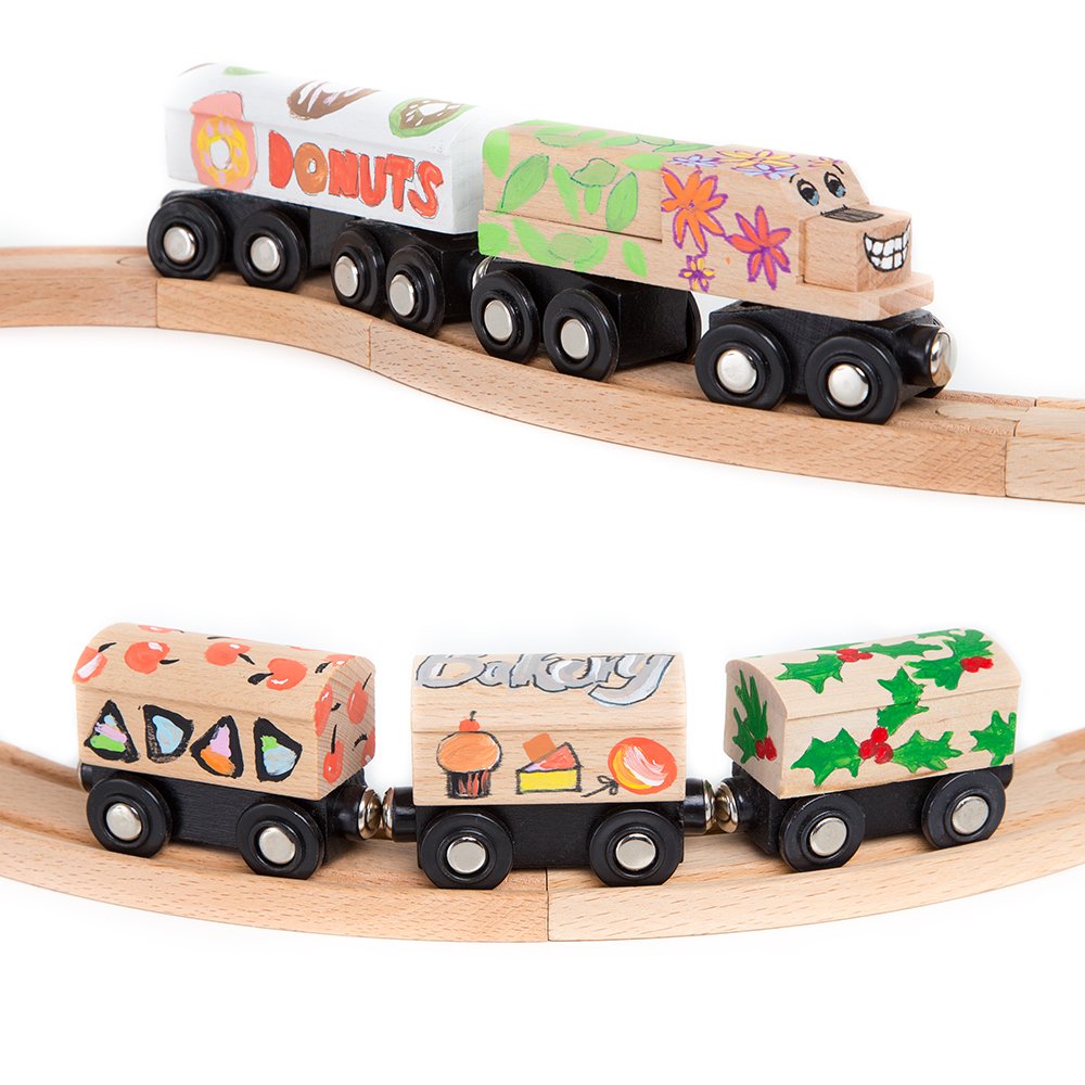Orbrium 8 Unpainted Wooden Train Cars + 12-Color Paint Set — Magnetic Wooden Railway Toys