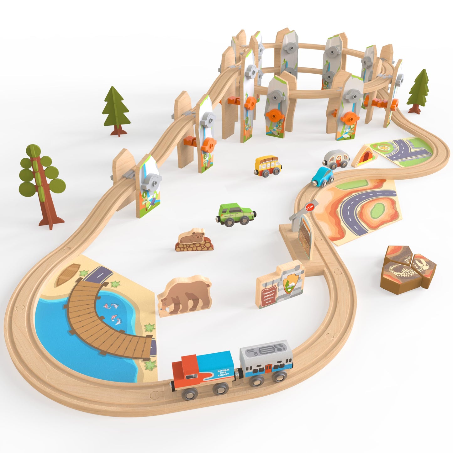 Orbrium Wooden Train Set 141 Pc – Elevated Track System & National Park Animals | STEAM Accredited