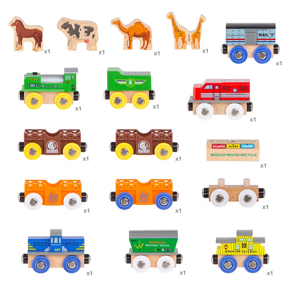 Orbrium Wooden Train Set – 18-Piece Collection, 12 Magnetic Cars & Engines | Compatible with Thomas, Brio, Melissa & Doug