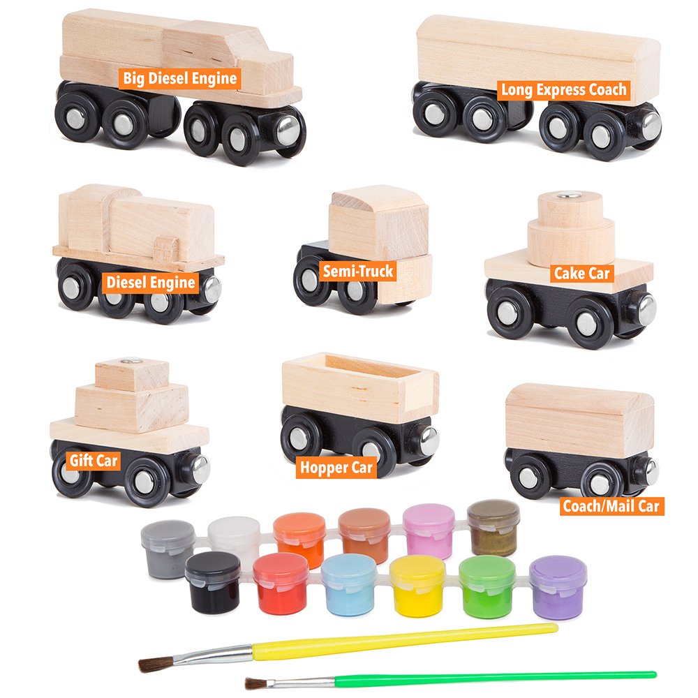 Orbrium 8 Unpainted Wooden Train Cars + 12-Color Paint Set — Magnetic Wooden Railway Toys