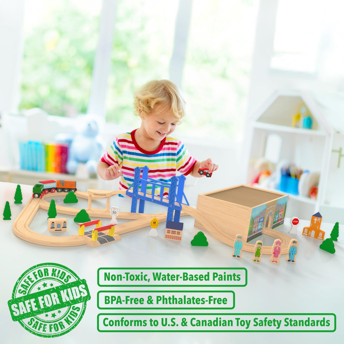 Orbrium Wooden Train Set Deluxe 52 Pcs – 9 Layouts, Storage Box, STEM Montessori Toy for Kids 3+