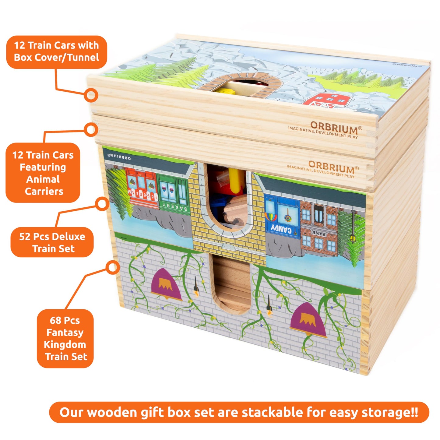 Orbrium Wooden Train Set Deluxe 52 Pcs – 9 Layouts, Storage Box, STEM Montessori Toy for Kids 3+