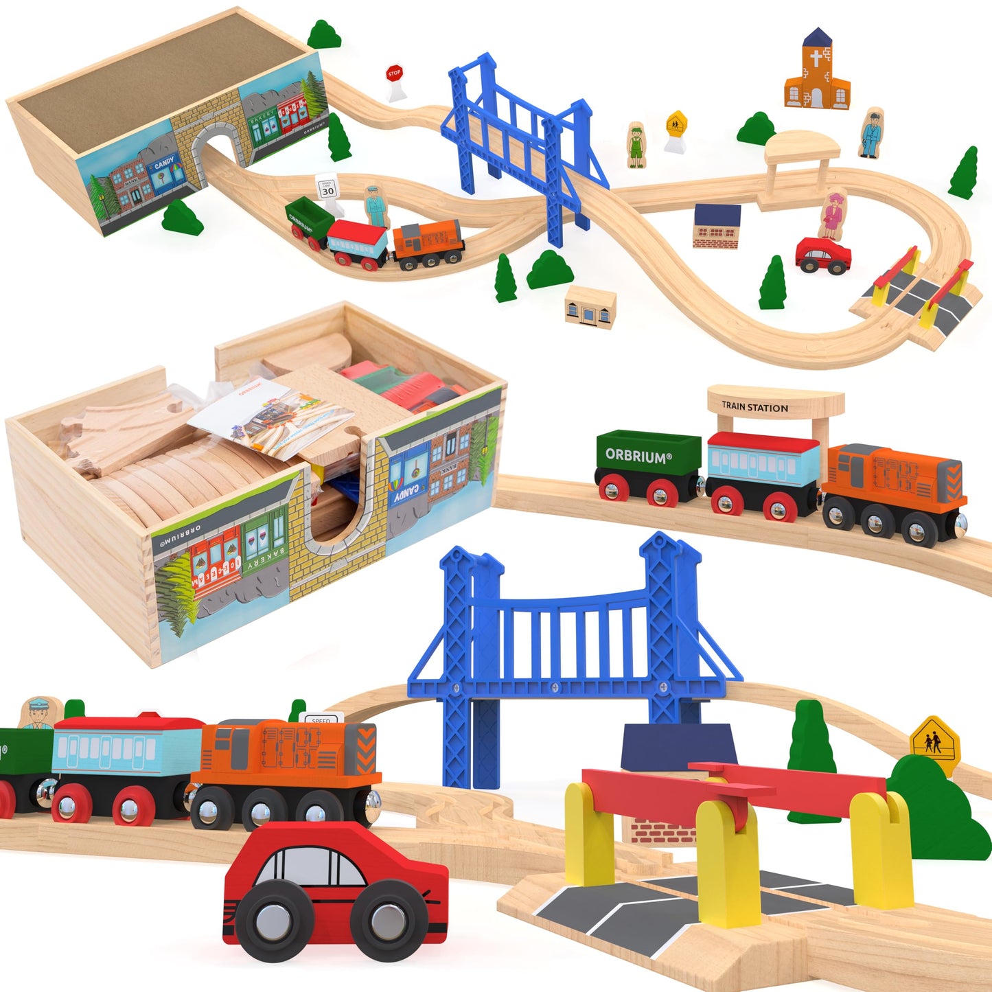 Orbrium Wooden Train Set Deluxe 52 Pcs – 9 Layouts, Storage Box, STEM Montessori Toy for Kids 3+
