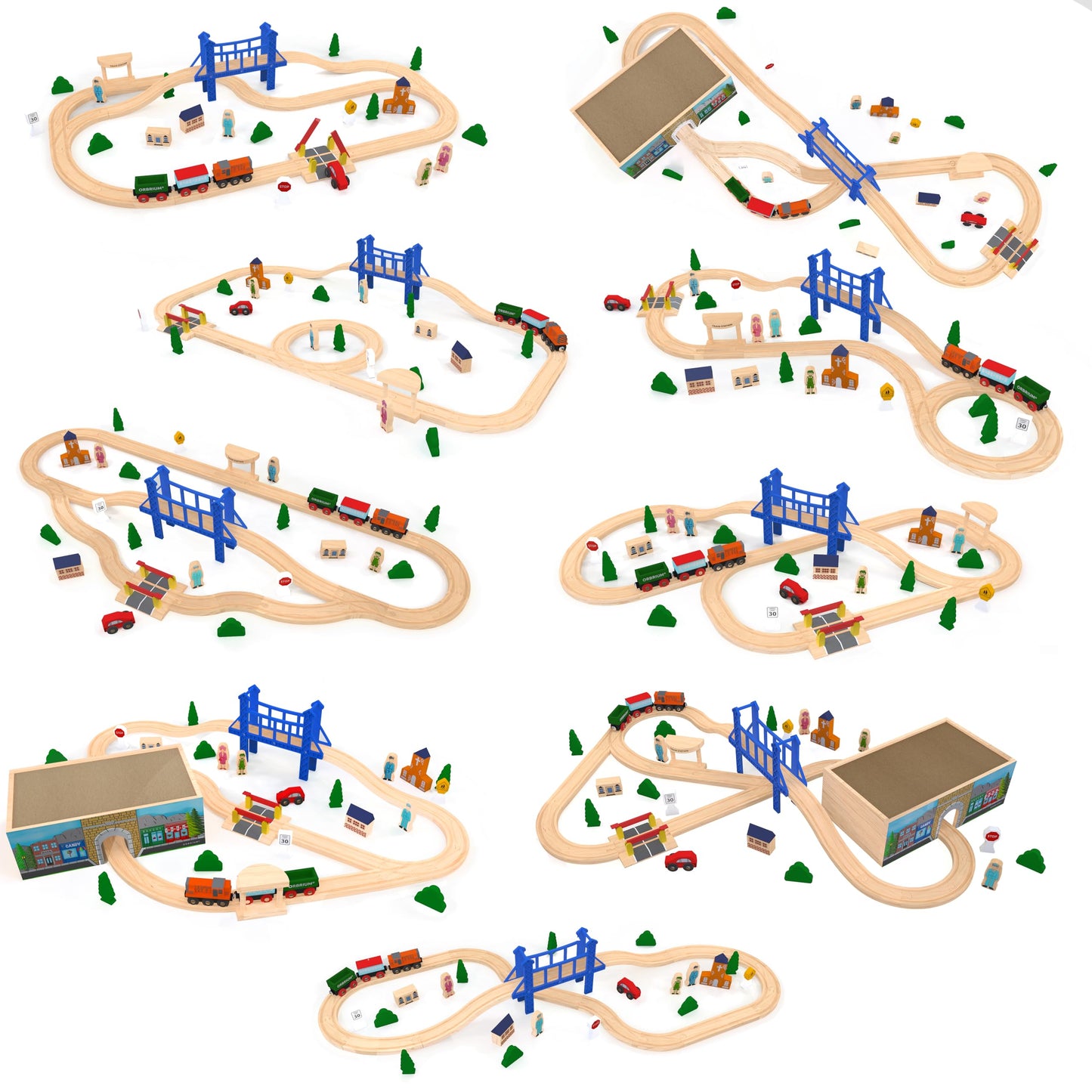 Orbrium Wooden Train Set Deluxe 52 Pcs – 9 Layouts, Storage Box, STEM Montessori Toy for Kids 3+