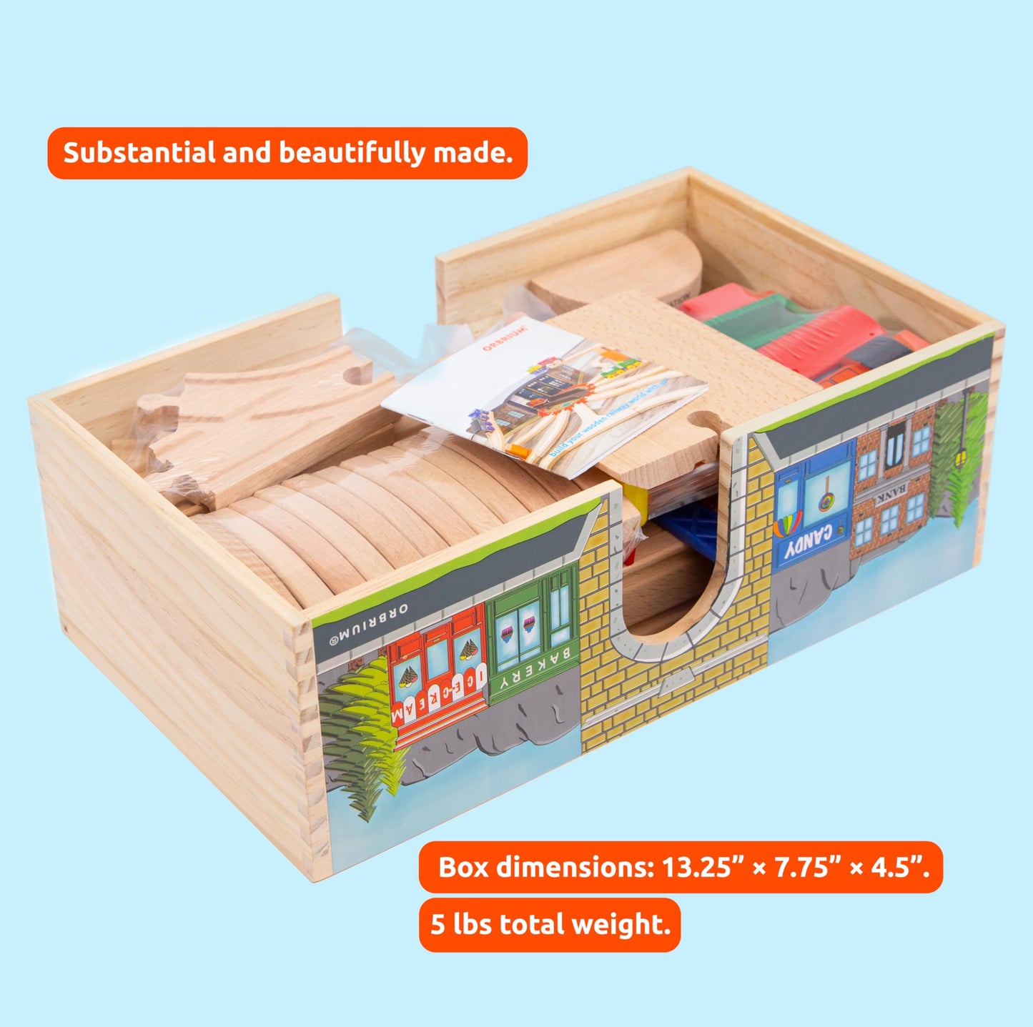 Orbrium Wooden Train Set Deluxe 52 Pcs – 9 Layouts, Storage Box, STEM Montessori Toy for Kids 3+