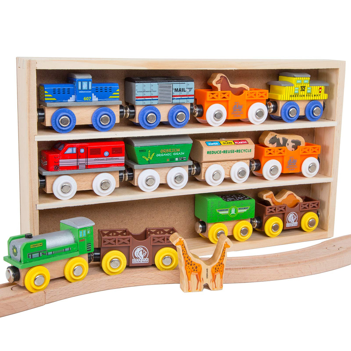 Orbrium Wooden Train Set – 18-Piece Collection, 12 Magnetic Cars & Engines | Compatible with Thomas, Brio, Melissa & Doug