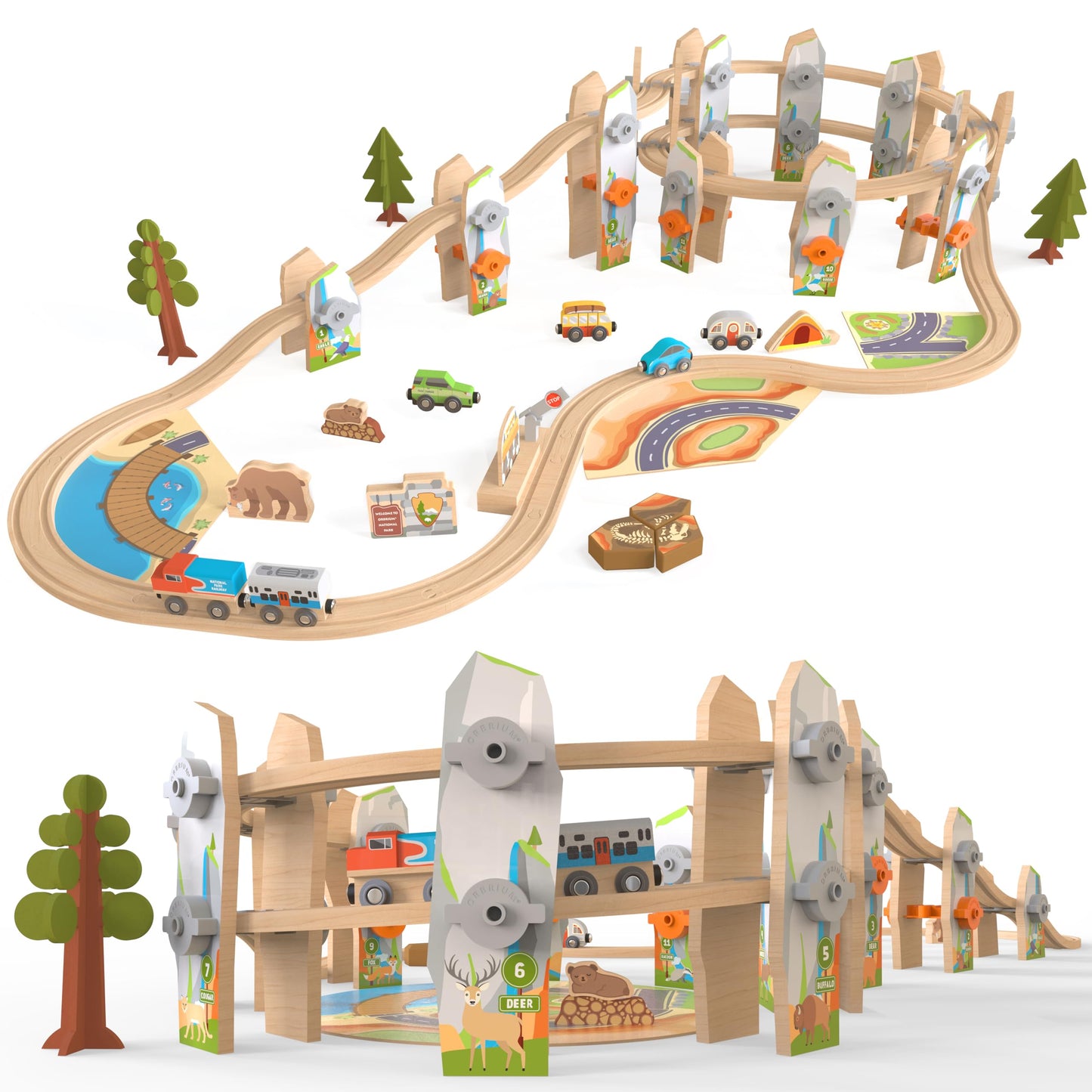 Orbrium Wooden Train Set 141 Pc – Elevated Track System & National Park Animals | STEAM Accredited