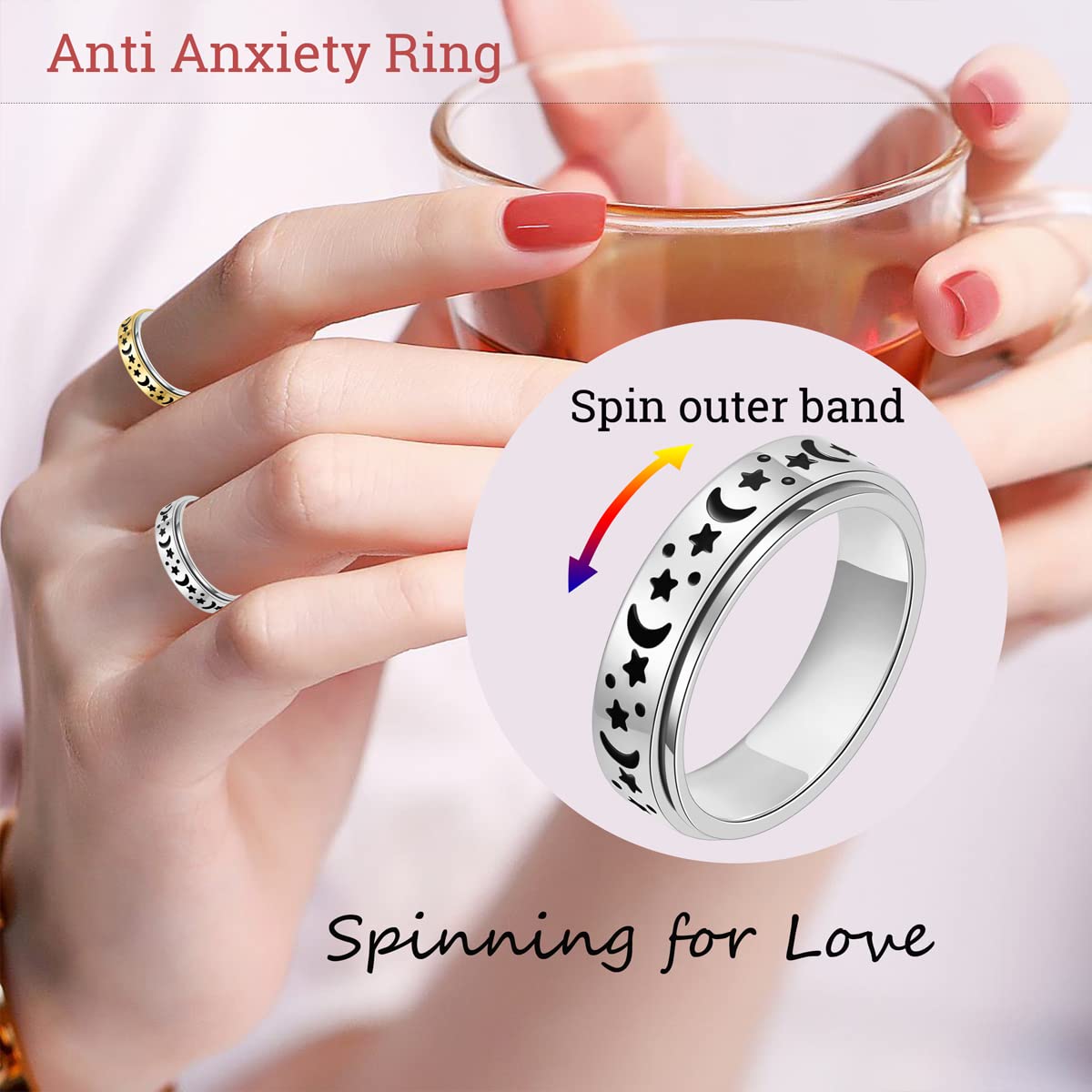 OreilleStar Anxiety Ring for Women — Moon-Star Spinner Ring