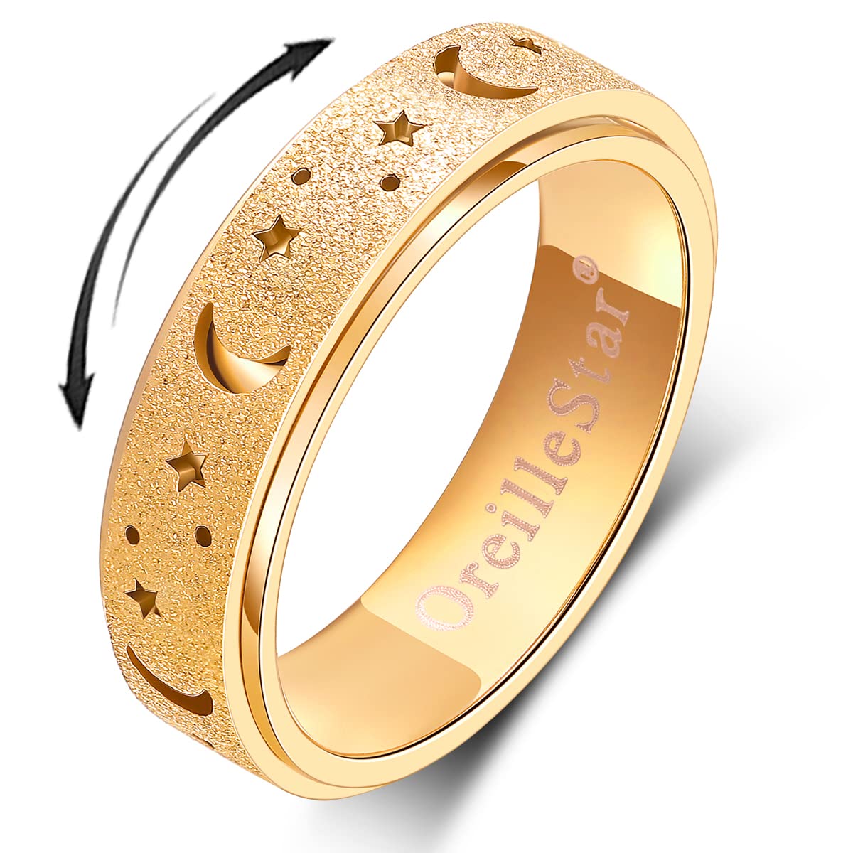 OreilleStar Anxiety Ring for Women – Moon & Star Spinner Ring, Stainless Steel Fidget Ring, Gold, Size 10