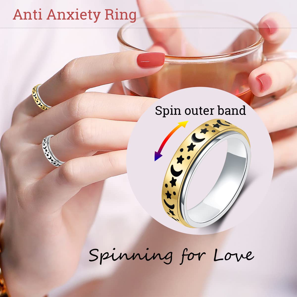 OreilleStar Anxiety Ring for Women – Stainless Steel Moon & Star Spinner Ring