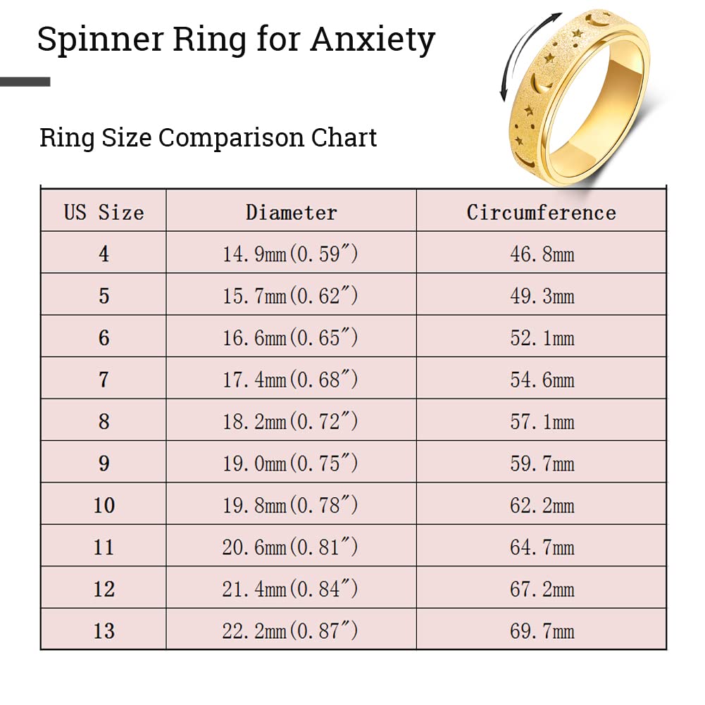 OreilleStar Anxiety Ring for Women – Moon & Star Spinner Ring, Stainless Steel Fidget Ring, Gold, Size 10
