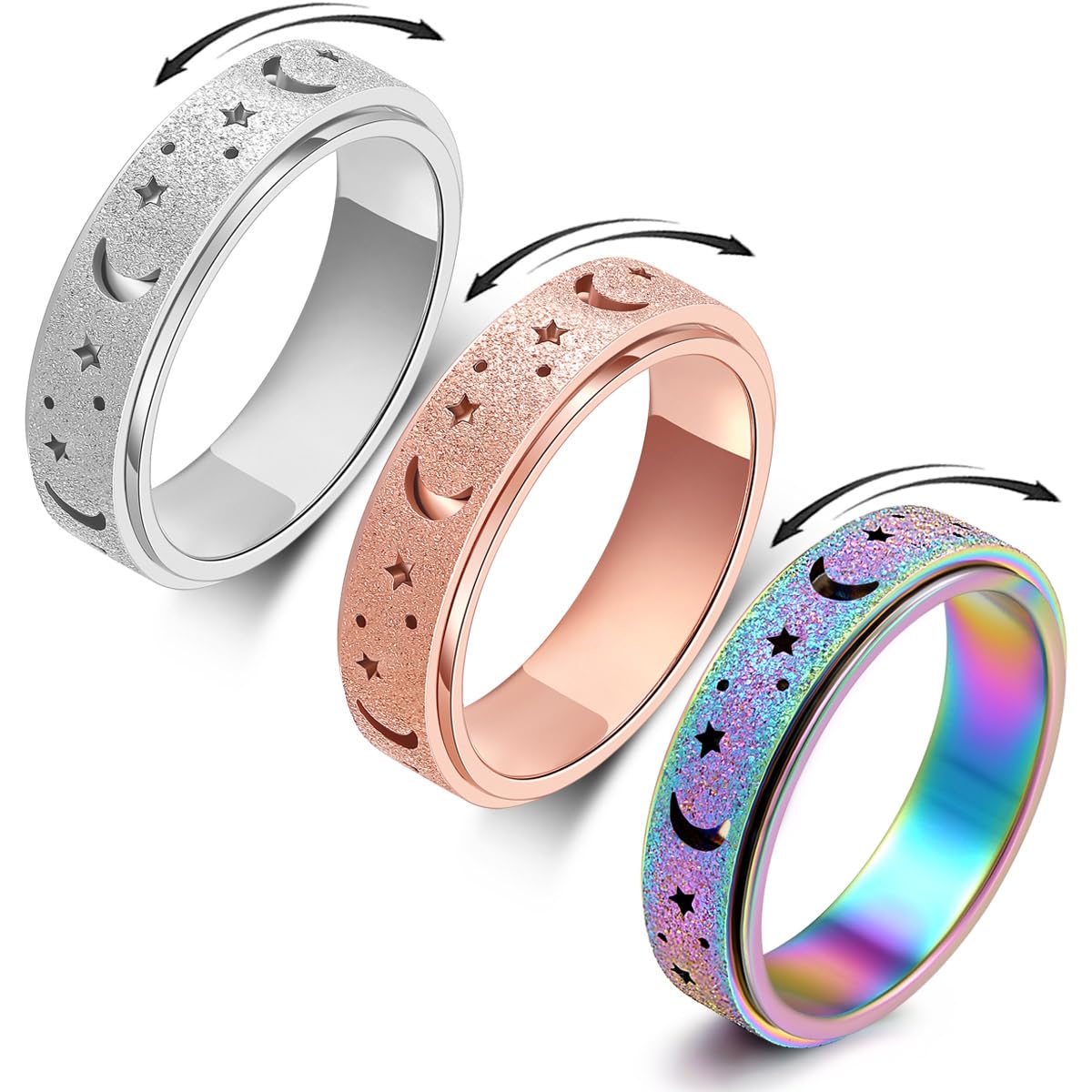 OreilleStar Anxiety Ring for Women – Stainless Steel Spinner Ring | Fidget Ring Set in Rose Gold, Silver, Rainbow | Size 9