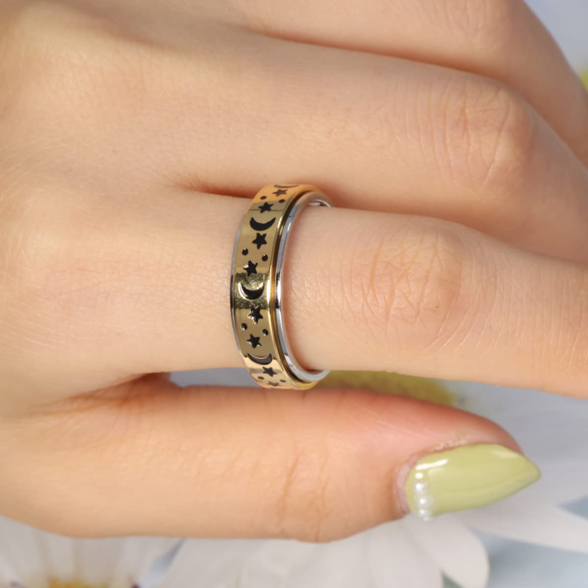 OreilleStar Anxiety Ring for Women – Stainless Steel Moon & Star Spinner Ring