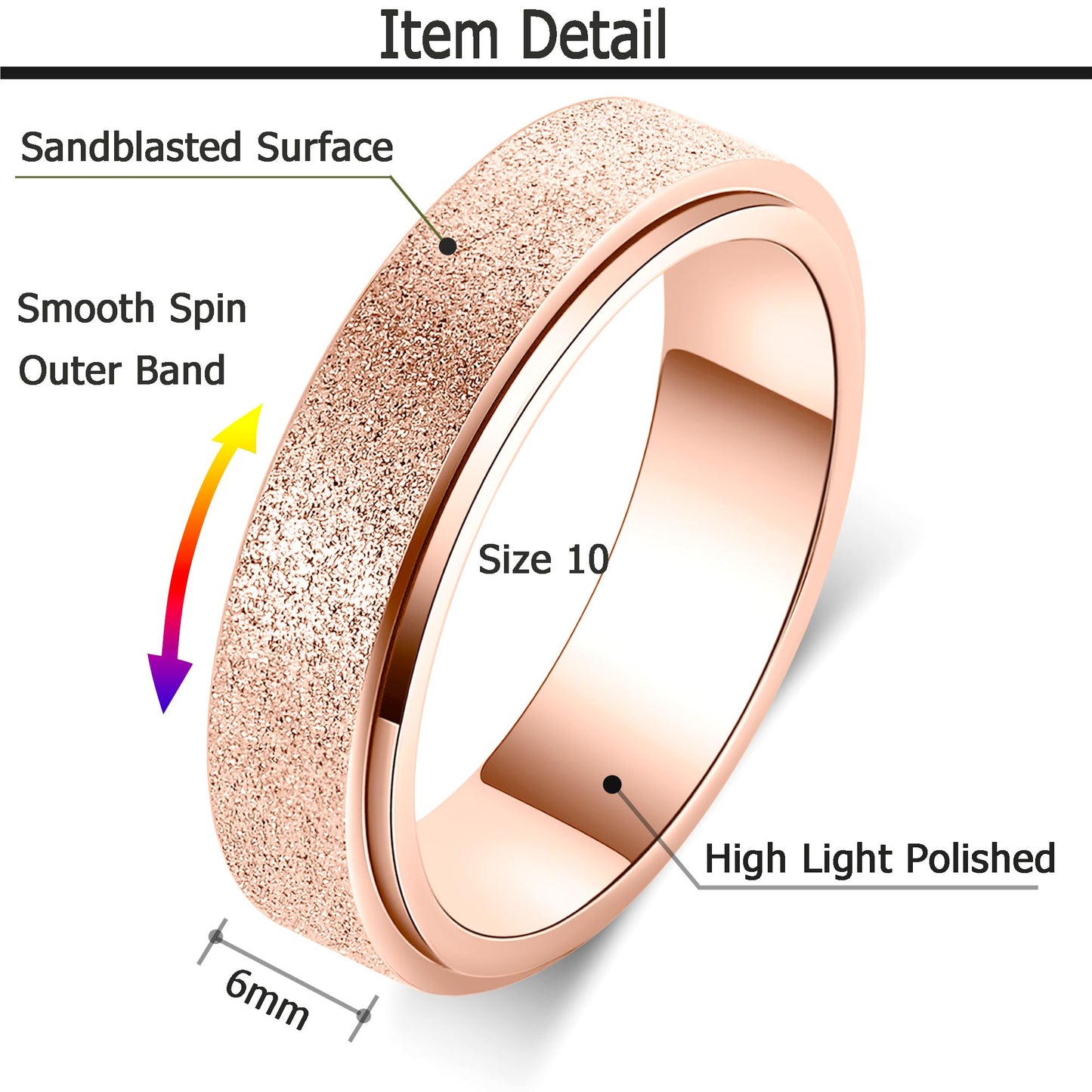 OreilleStar Anxiety Ring for Women — Titanium Fidget Spinner, 6mm Rose Gold, Size 6