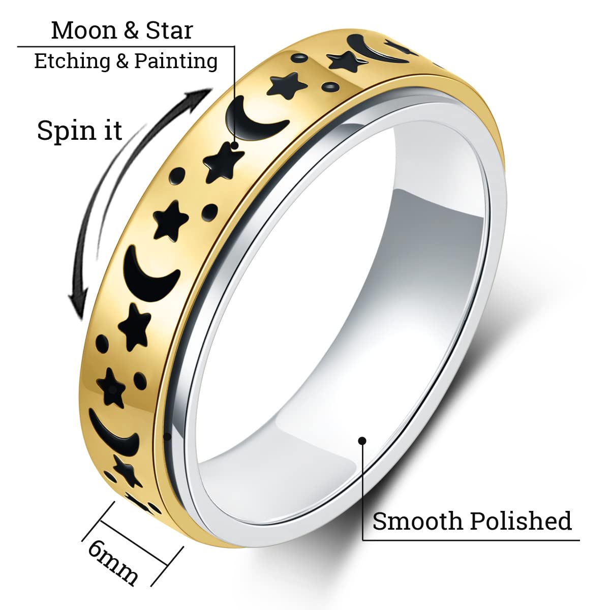 OreilleStar Anxiety Ring for Women – Stainless Steel Moon & Star Spinner Ring