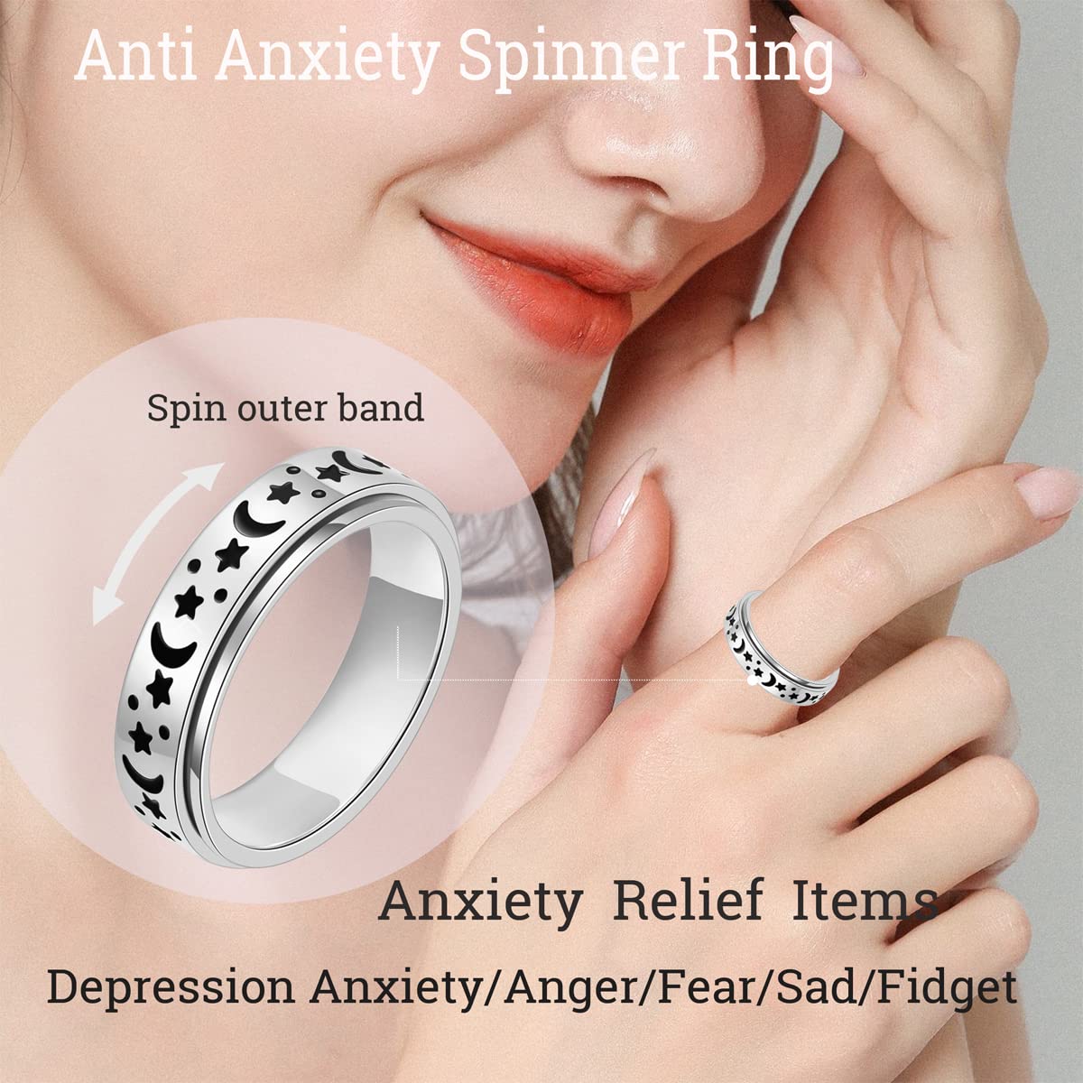 OreilleStar Anxiety Ring for Women – Stainless Steel Moon & Star Spinner Ring