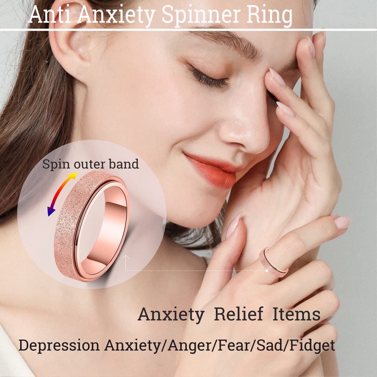 OreilleStar Anxiety Ring for Women — Titanium Fidget Spinner, 6mm Rose Gold, Size 6