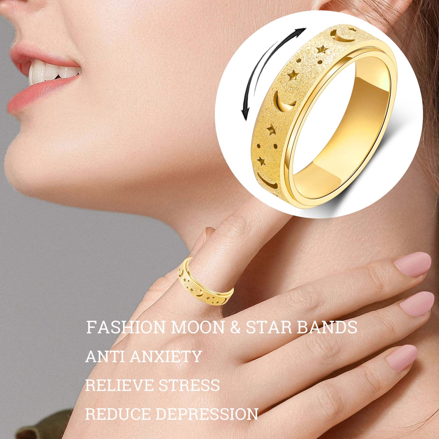 OreilleStar Anxiety Ring for Women – Moon & Star Spinner Ring, Stainless Steel Fidget Ring, Gold, Size 10