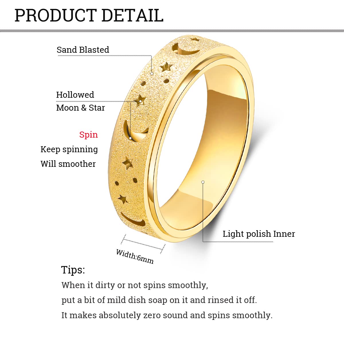 OreilleStar Anxiety Ring for Women - Moon Star Spinner, Stainless Steel, Gold Plated, Size 6