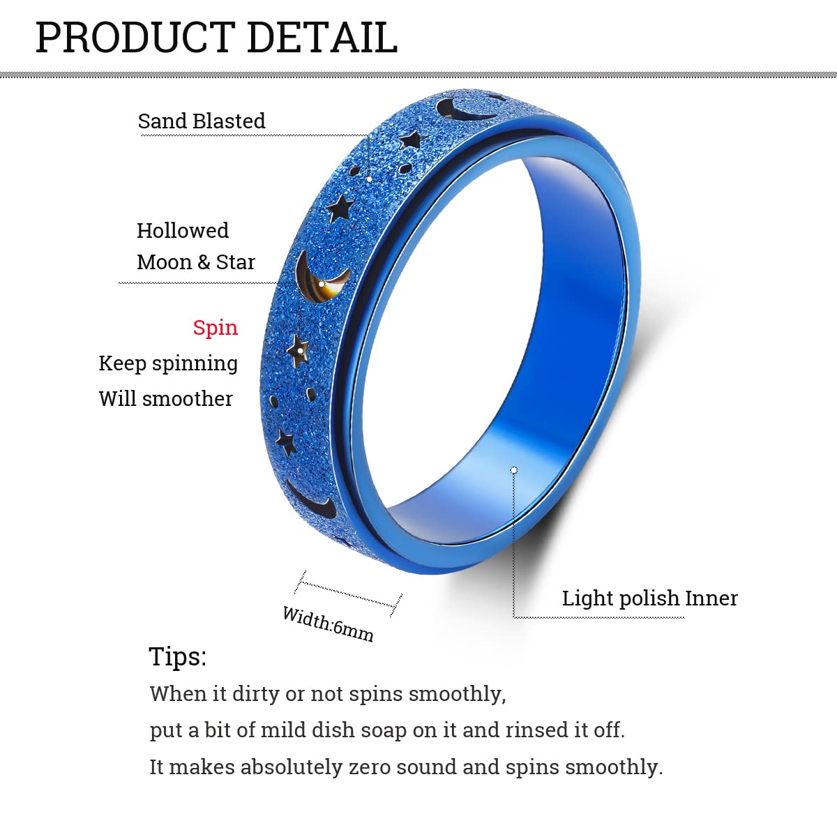 OreilleStar Anxiety Spinner Ring - Blue, Size 10 | Unisex Fidget Accessory